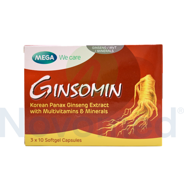 Caps Ginsomin (Korean panax ginseng extract/ vitamins/ minerals) 3x10 softgel capsules. Mega Novemed